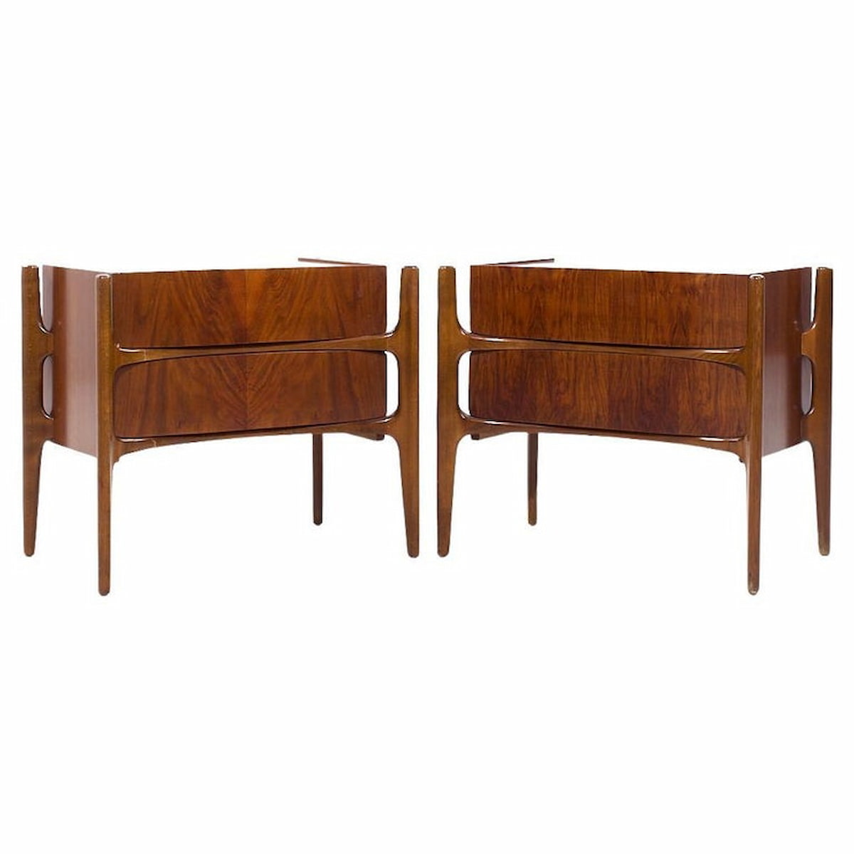 William Hinn Mid Century Walnut Curved Front Nightstands - Pair