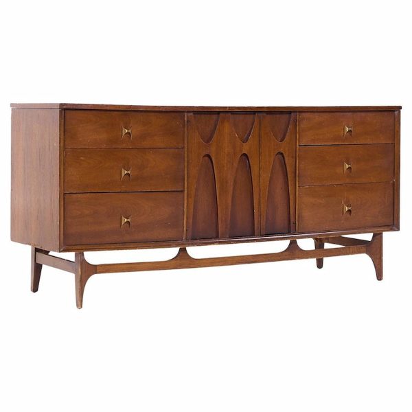 Broyhill Brasilia Mid Century Walnut and Brass 9-drawer Lowboy Dresser
