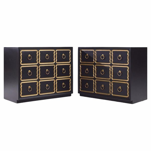 Dorothy Draper España Mid Century Black and Gold Chest Dressers - Pair