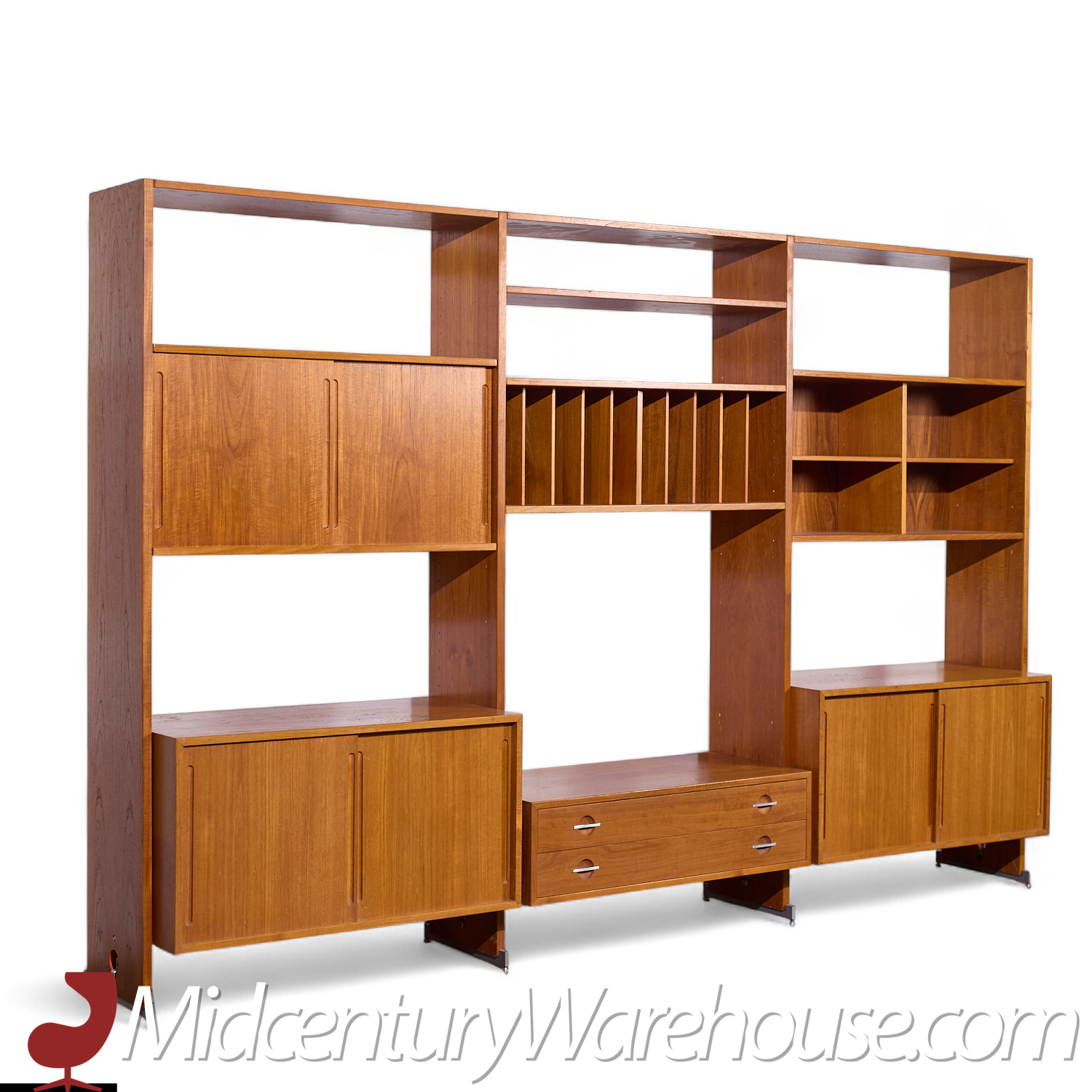 Hans Wegner for Ry Mobler Ry-100 Mid Century Danish Teak 3 Bay Modular Wall Unit