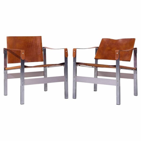 Le Corbusier Style Mid Century Leather and Stainless Steel Sling Lounge Chairs