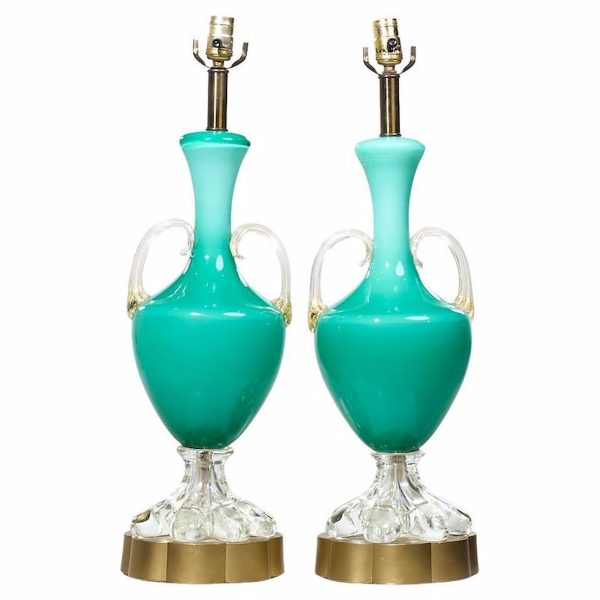 Mid Century Italian Murano Teal Cased-glass Double-handled Urn-form Lamps - Pair