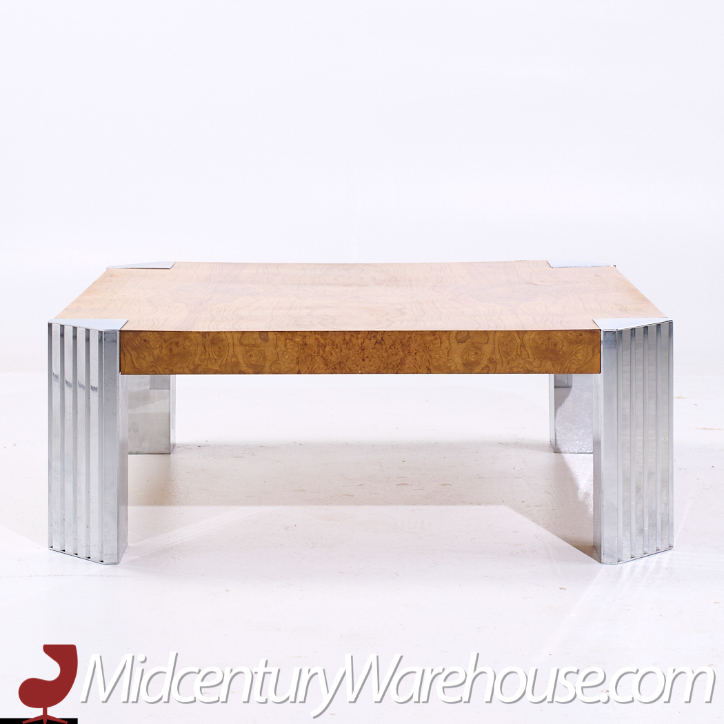 Milo Baughman Style Mid Century Burlwood and Chrome Coffee Table