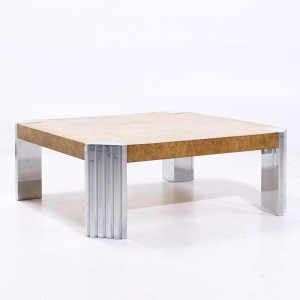 Milo Baughman Style Mid Century Burlwood and Chrome Coffee Table