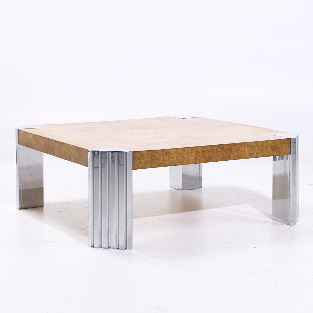 Milo Baughman Style Mid Century Burlwood and Chrome Coffee Table