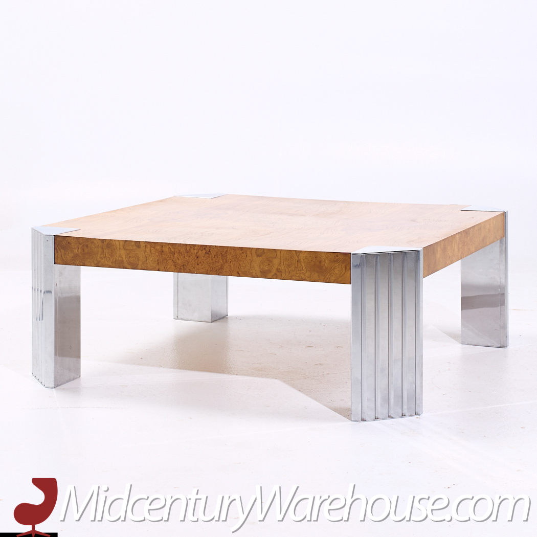 Milo Baughman Style Mid Century Burlwood and Chrome Coffee Table