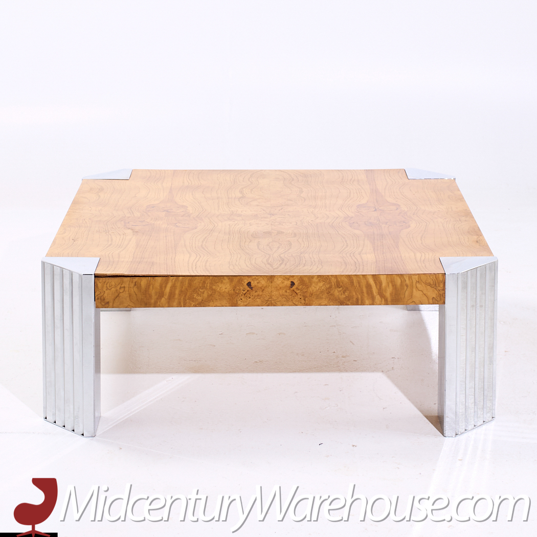 Milo Baughman Style Mid Century Burlwood and Chrome Coffee Table