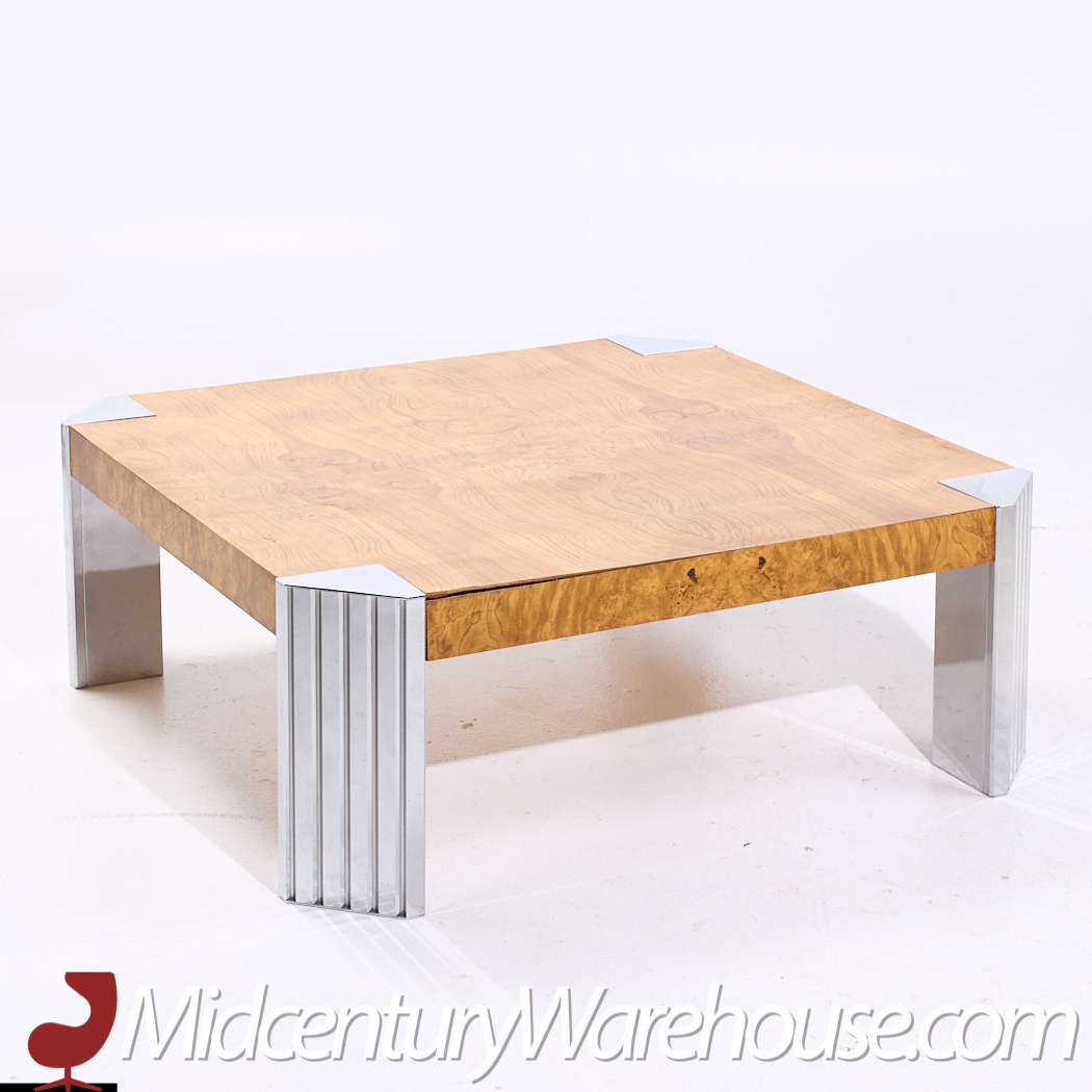 Milo Baughman Style Mid Century Burlwood and Chrome Coffee Table