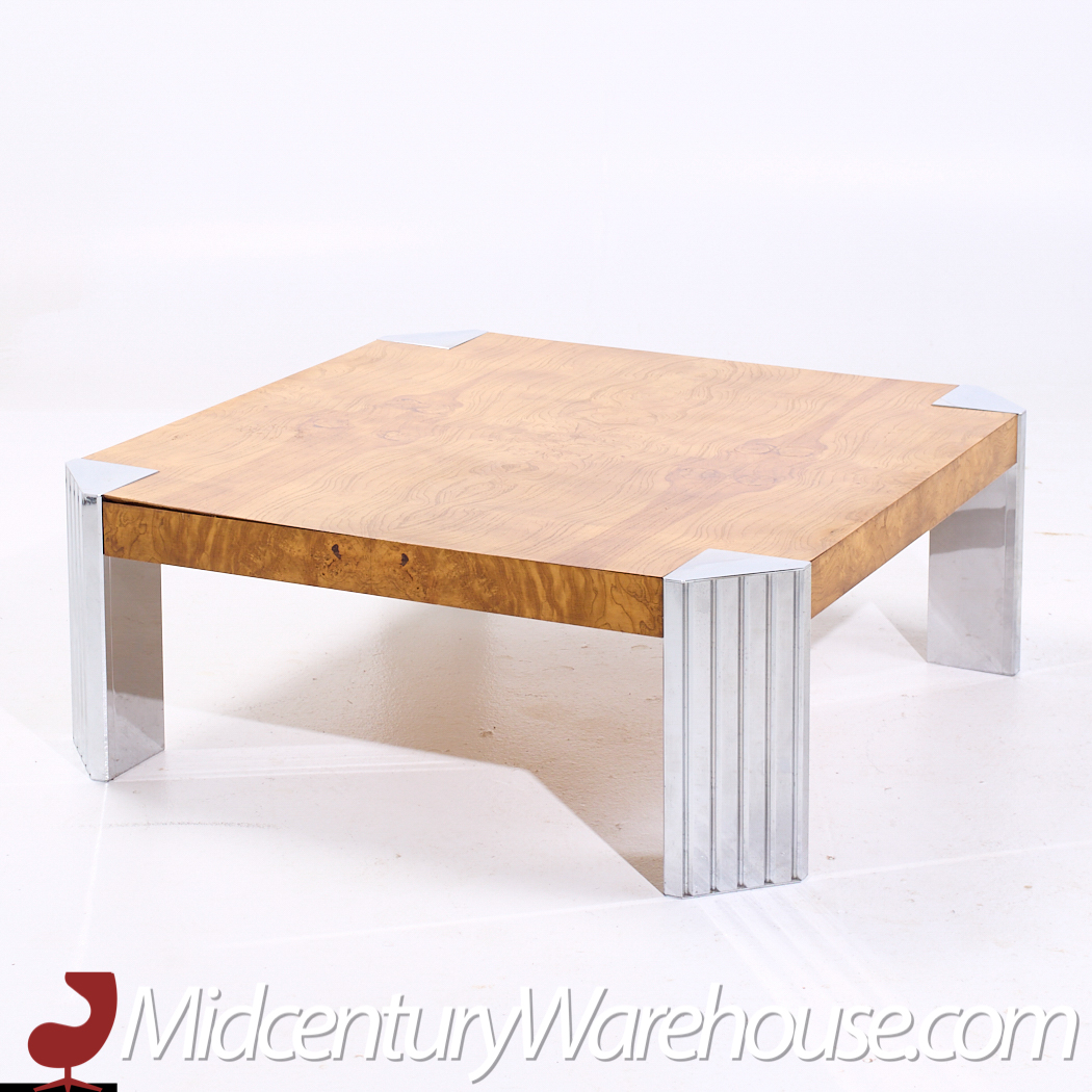 Milo Baughman Style Mid Century Burlwood and Chrome Coffee Table