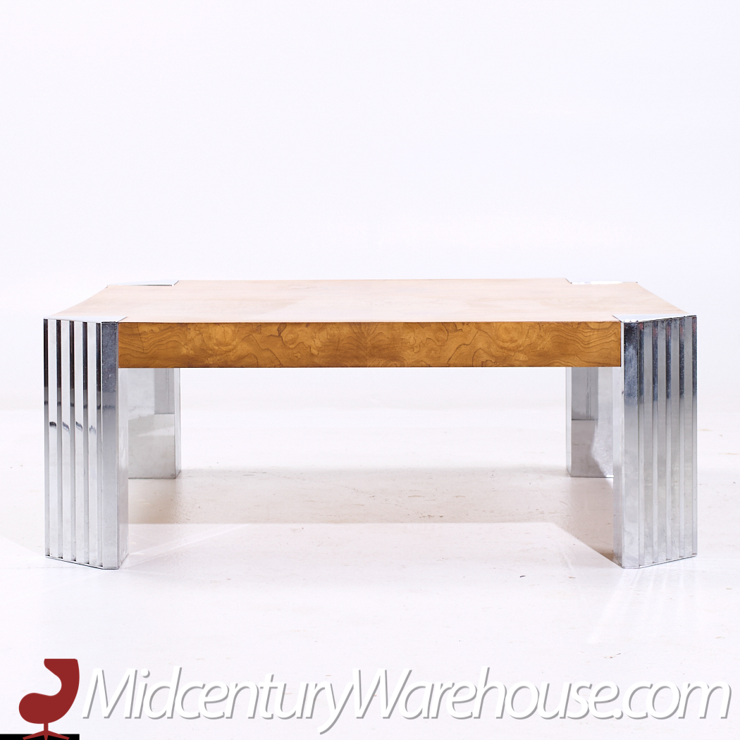 Milo Baughman Style Mid Century Burlwood and Chrome Coffee Table