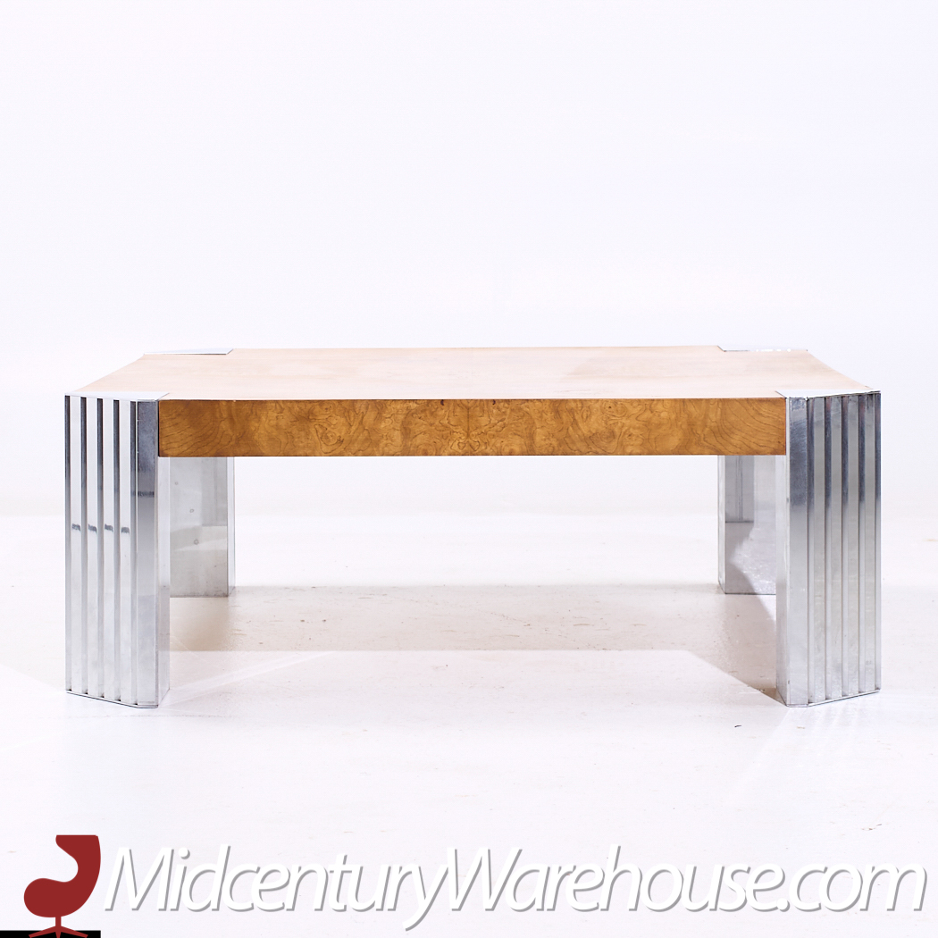 Milo Baughman Style Mid Century Burlwood and Chrome Coffee Table