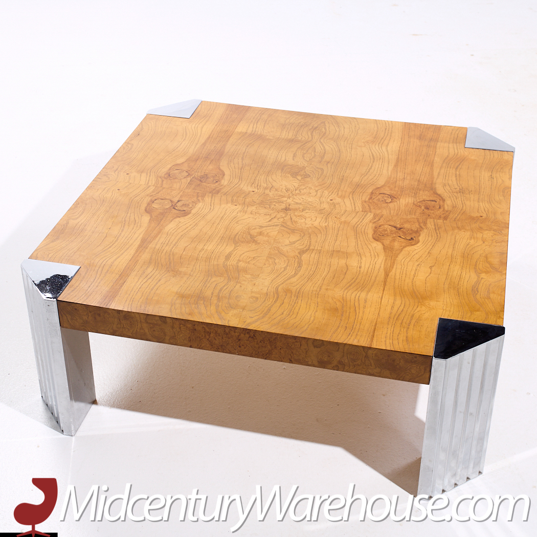 Milo Baughman Style Mid Century Burlwood and Chrome Coffee Table