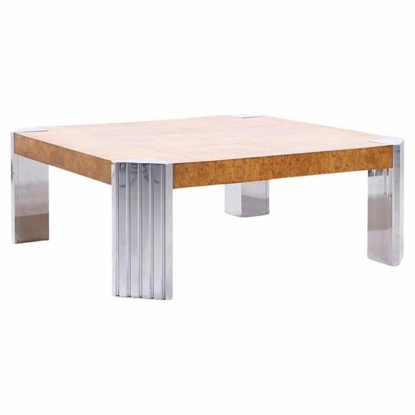 Milo Baughman Style Mid Century Burlwood and Chrome Coffee Table