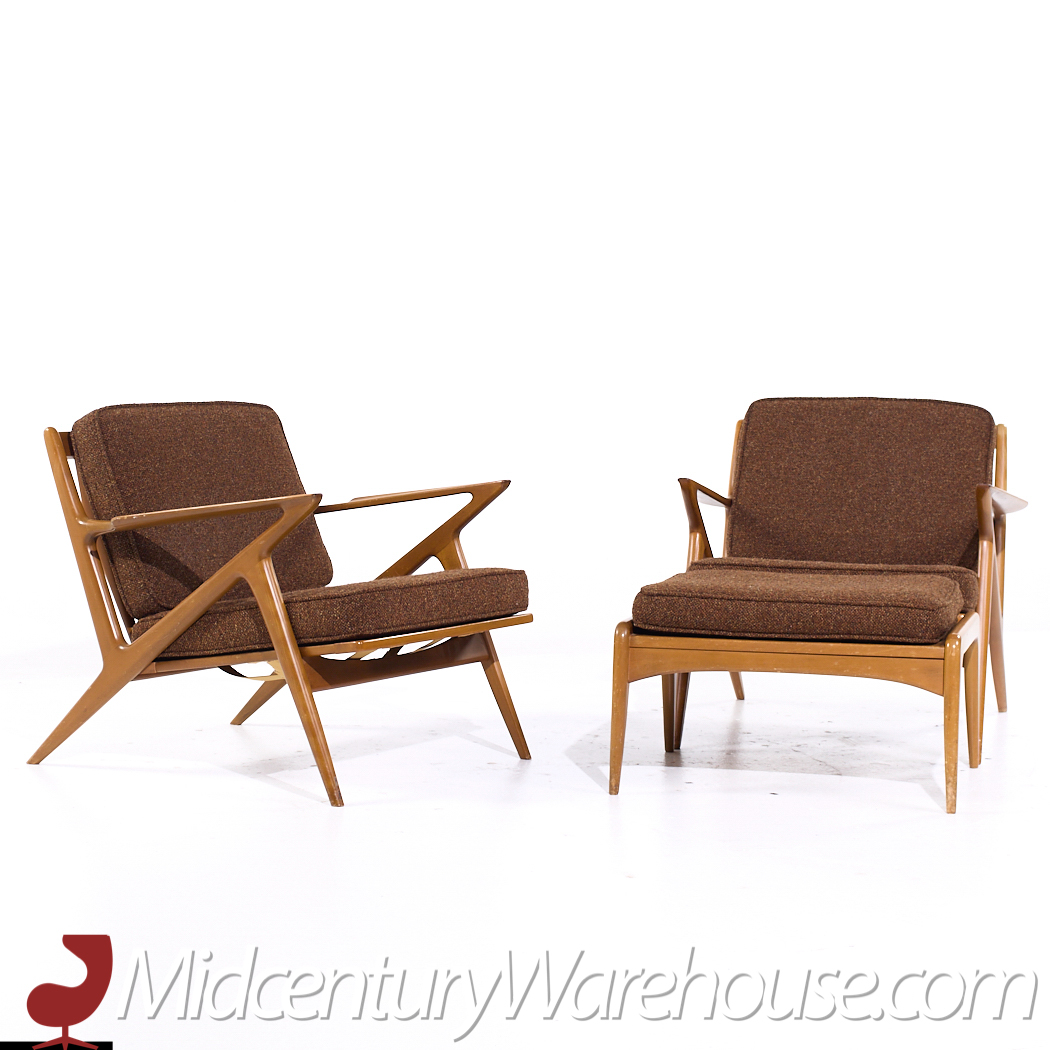 Poul Jensen for Selig Mid Century Walnut Z Lounge Chairs and Ottoman