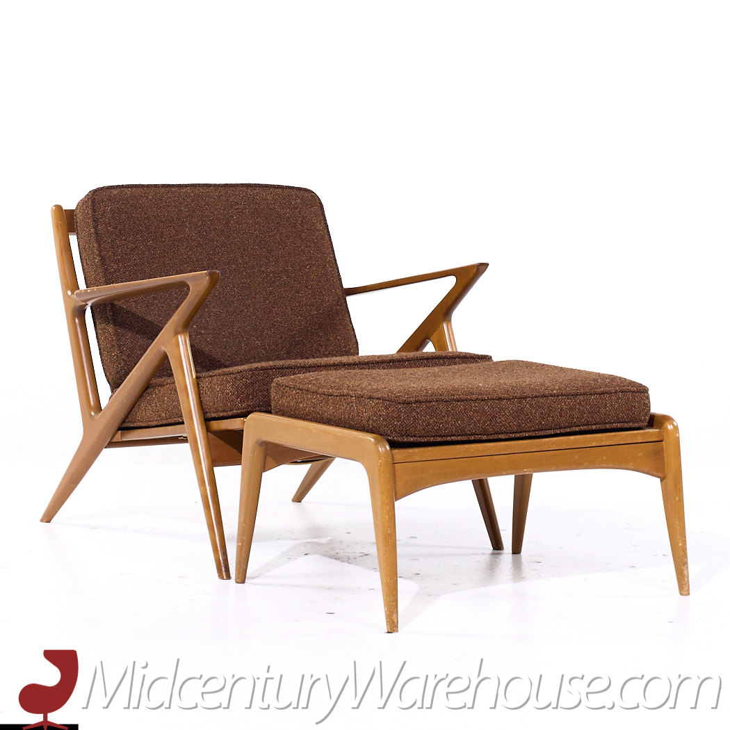 Poul Jensen for Selig Mid Century Walnut Z Lounge Chairs and Ottoman