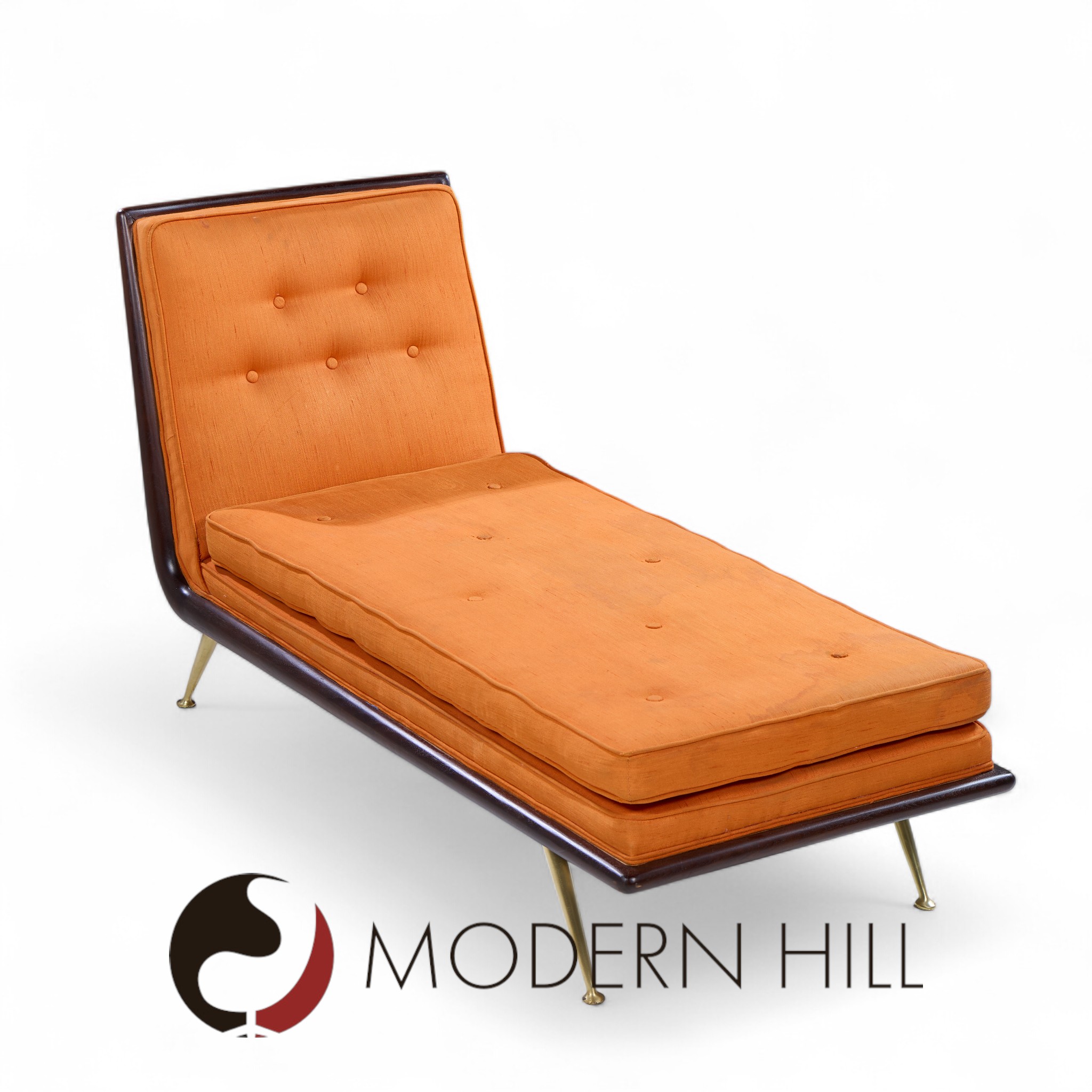 Robsjohn Gibbings for Widdicomb Mid Century Brass and Mahogany Chaise Lounge Chair