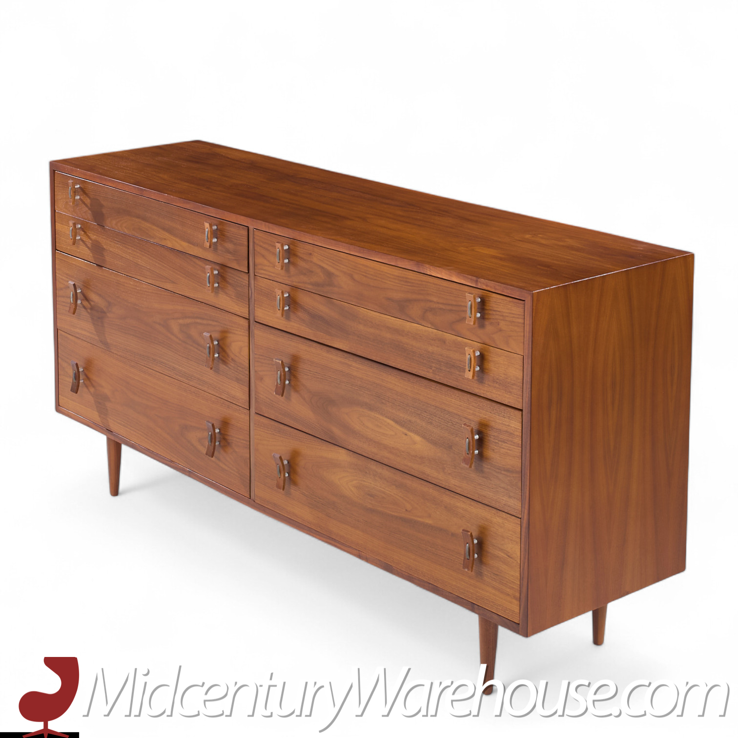 Stanley Young for Glenn of California Mid Century Walnut 8 Drawer Lowboy Dresser