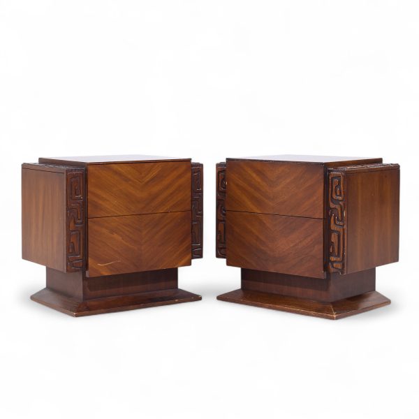 United Mid Century Walnut Tiki Brutalist Nightstands - Pair