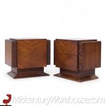 United Mid Century Walnut Tiki Brutalist Nightstands - Pair