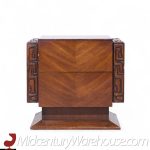 United Mid Century Walnut Tiki Brutalist Nightstands - Pair