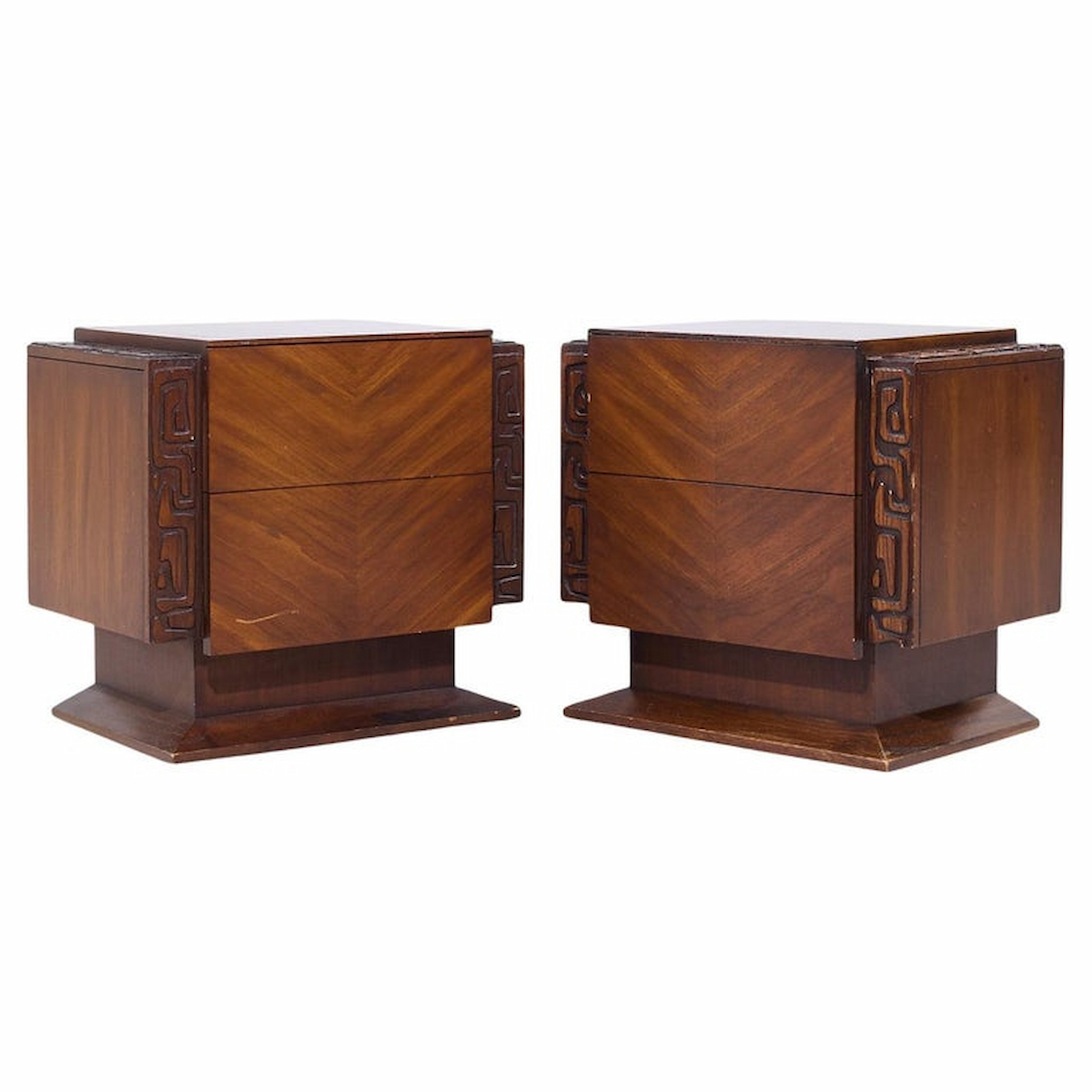 United Mid Century Walnut Tiki Brutalist Nightstands - Pair