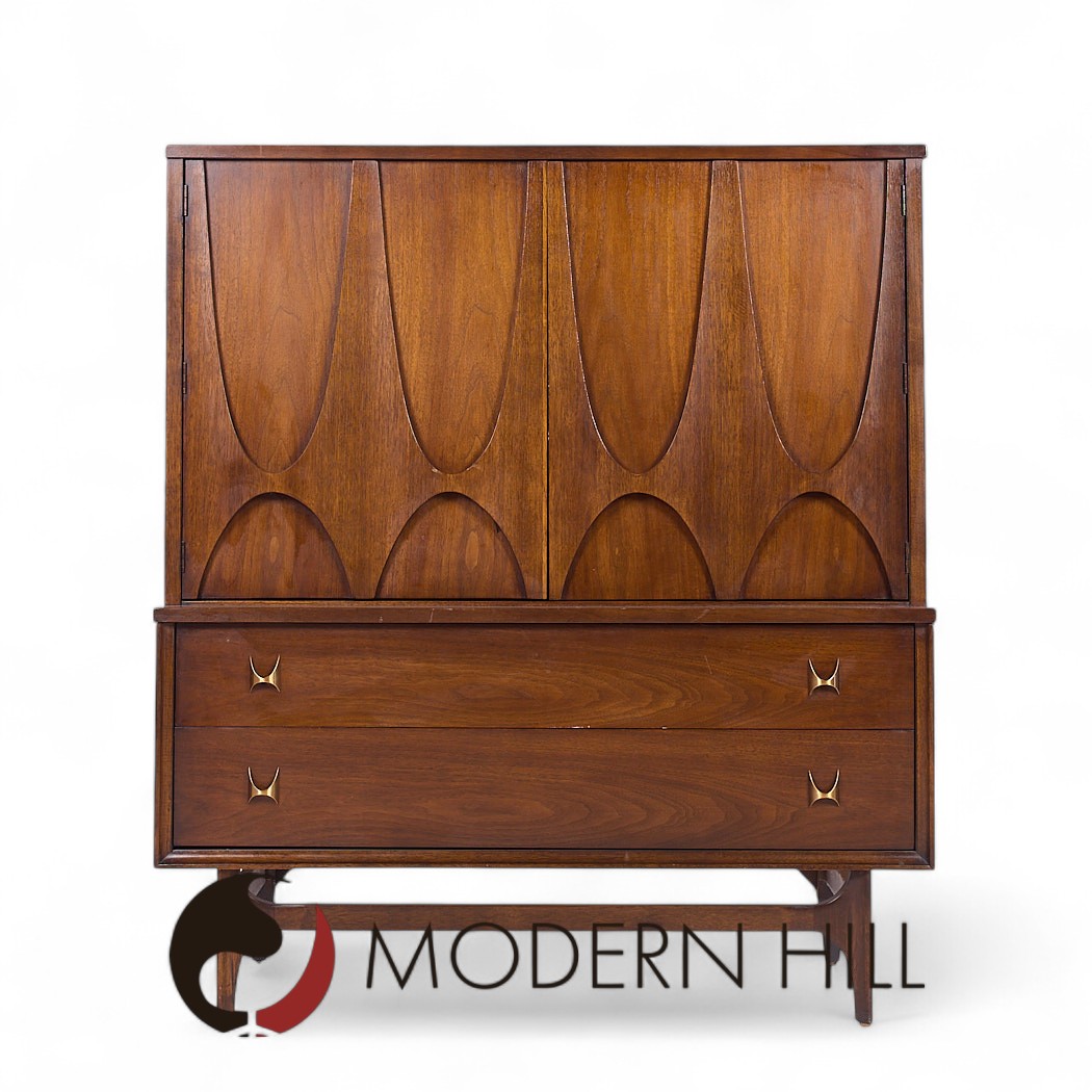 Broyhill Brasilia Mid Century Walnut and Brass Gentlemans Chest Highboy Dresser