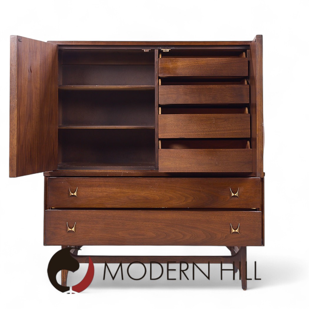 Broyhill Brasilia Mid Century Walnut and Brass Gentlemans Chest Highboy Dresser