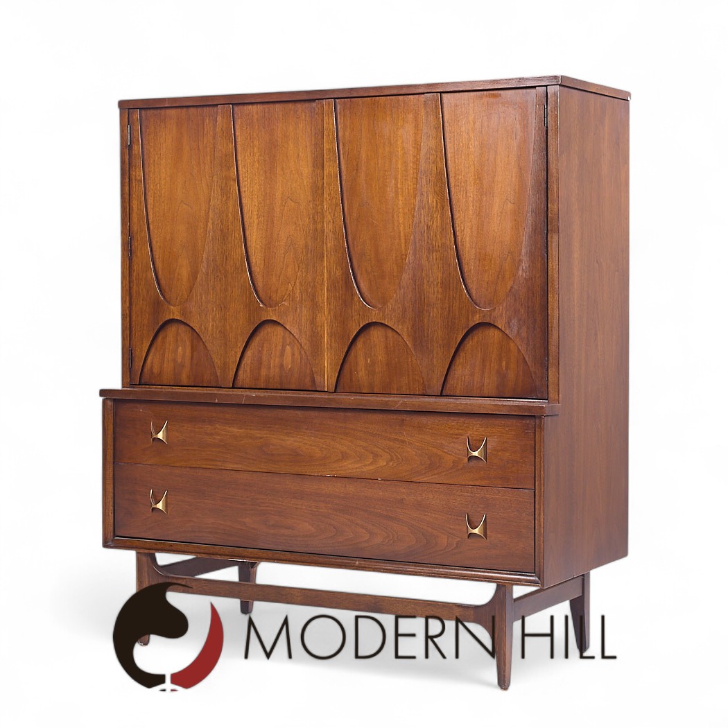 Broyhill Brasilia Mid Century Walnut and Brass Gentlemans Chest Highboy Dresser