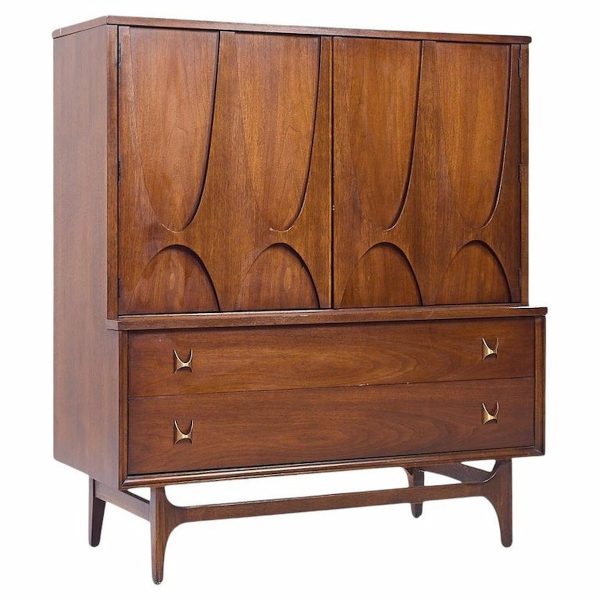 Broyhill Brasilia Mid Century Walnut and Brass Gentlemans Chest Highboy Dresser