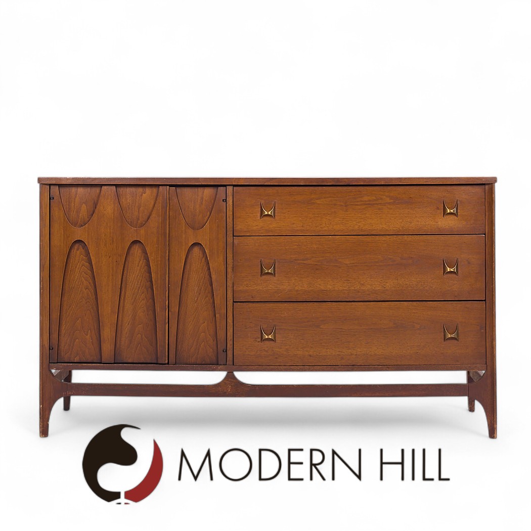 Broyhill Brasilia Mid Century Walnut and Brass Offset Credenza