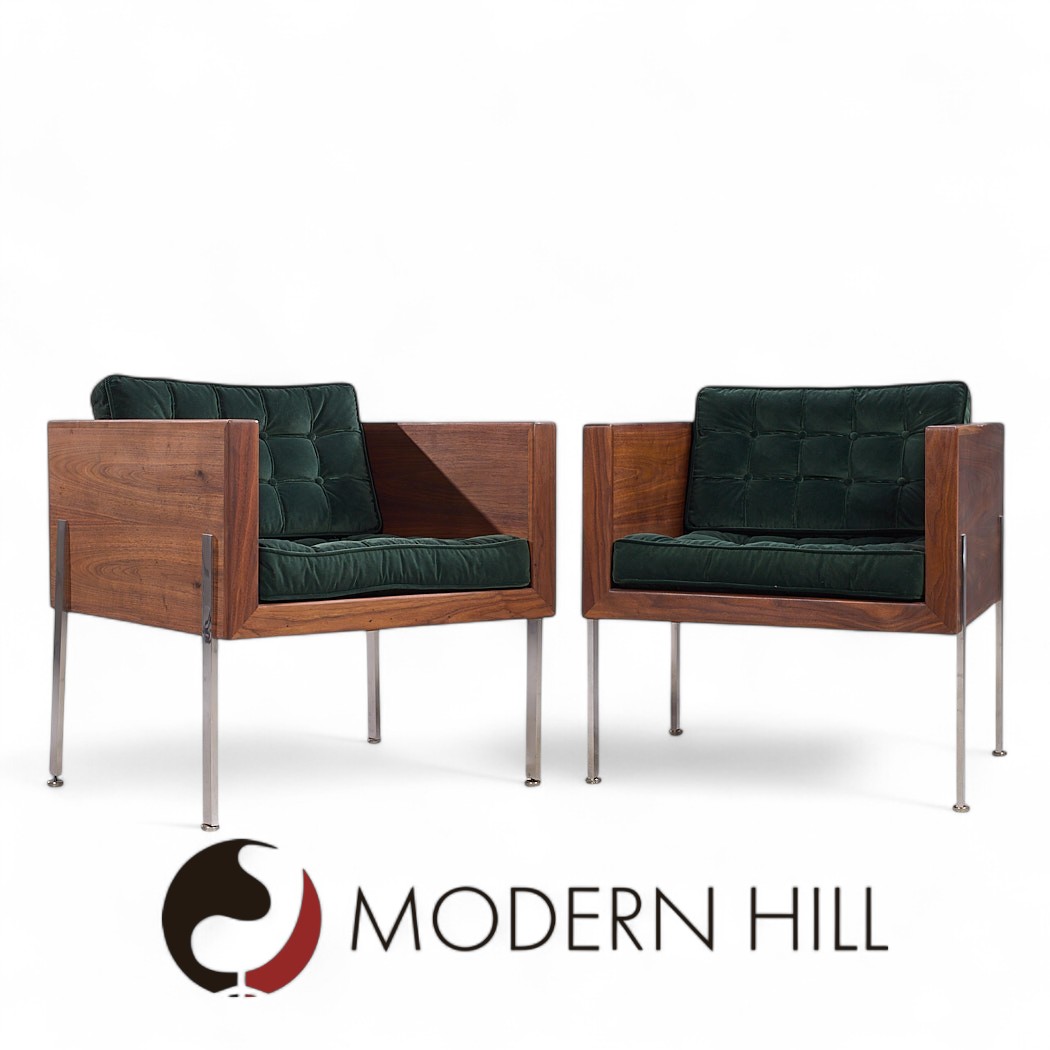 Harvey Probber Mid Century Walnut Case and Chrome Lounge Chairs - Pair