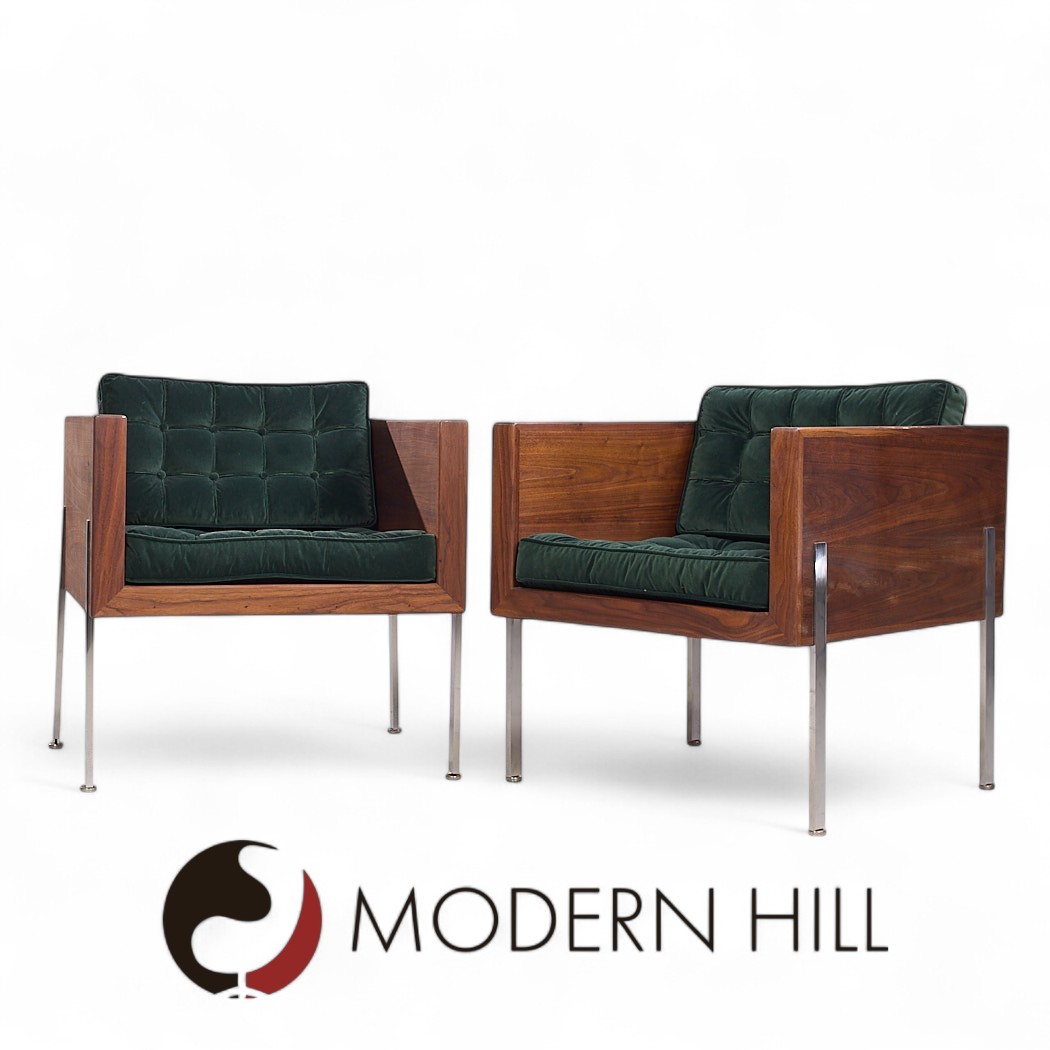 Harvey Probber Mid Century Walnut Case and Chrome Lounge Chairs - Pair