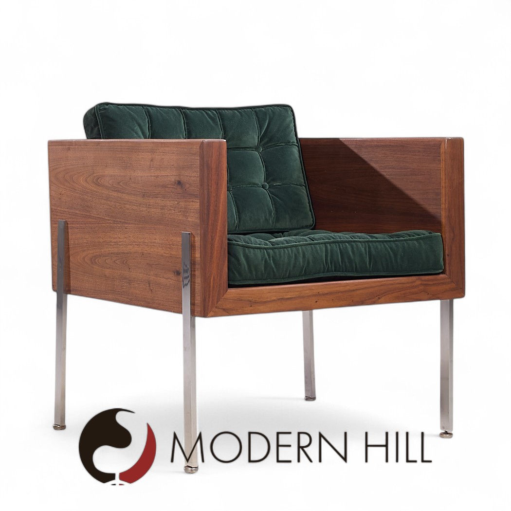 Harvey Probber Mid Century Walnut Case and Chrome Lounge Chairs - Pair