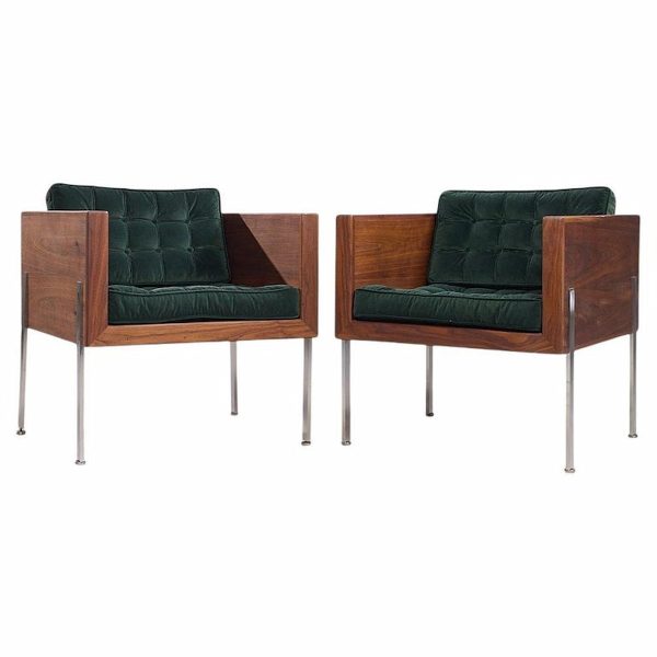 Harvey Probber Mid Century Walnut Case and Chrome Lounge Chairs - Pair