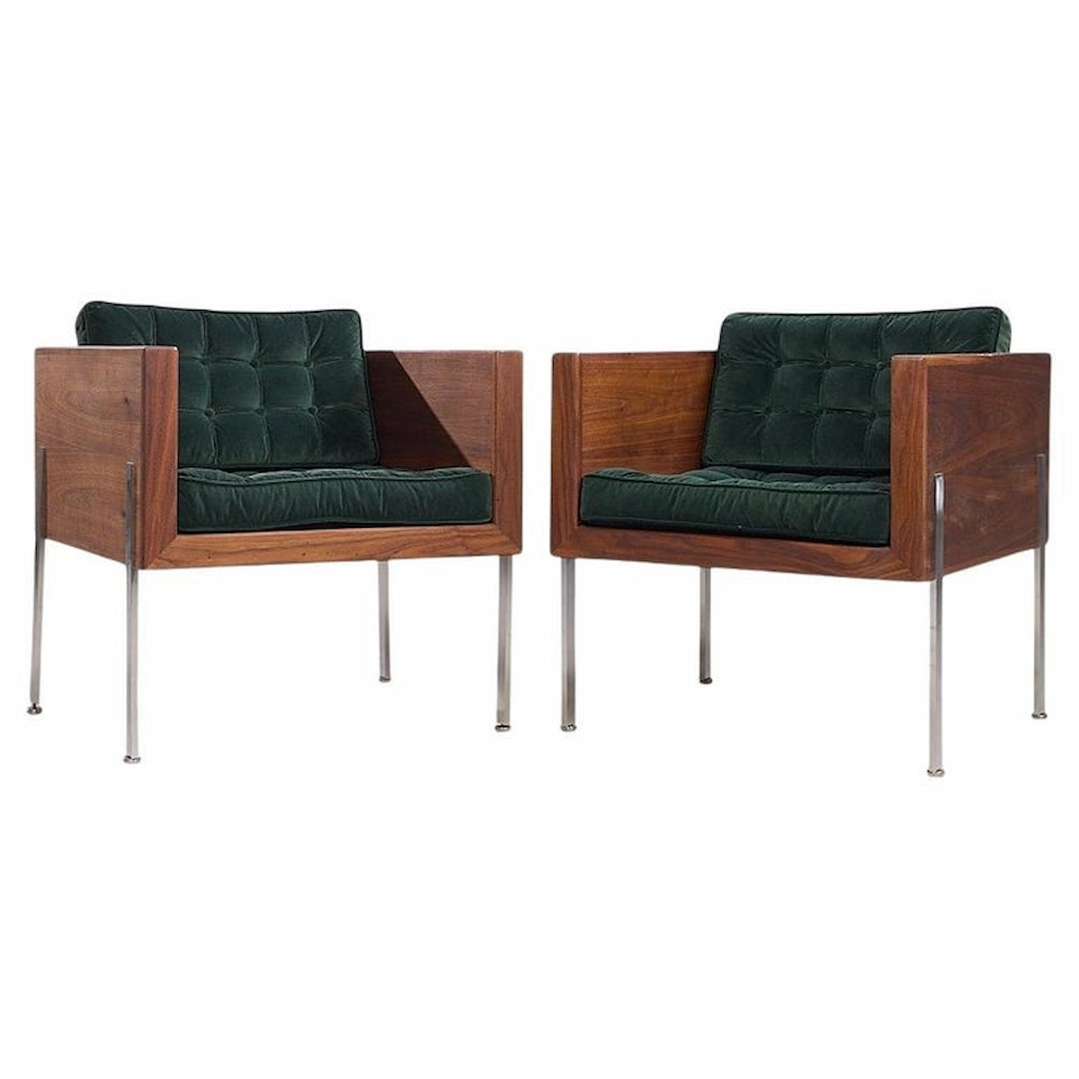 Harvey Probber Mid Century Walnut Case and Chrome Lounge Chairs - Pair