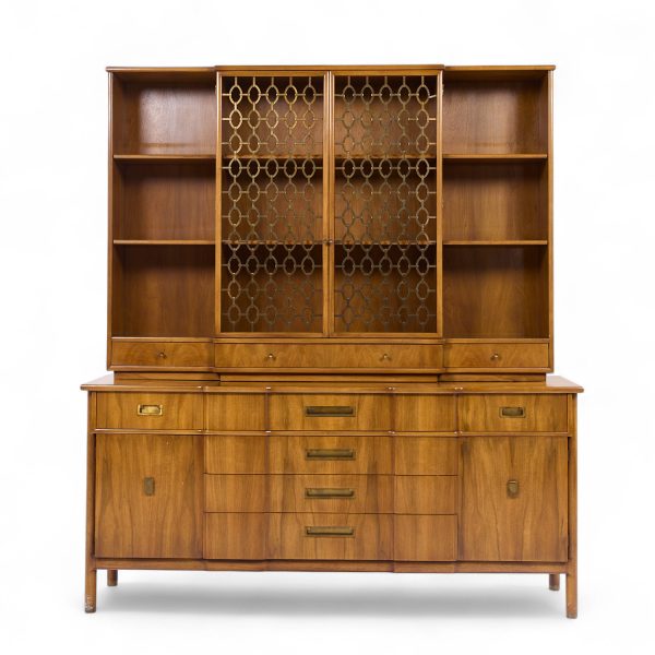 John Widdicomb Mid Century Walnut and Brass Credenza with Hutch