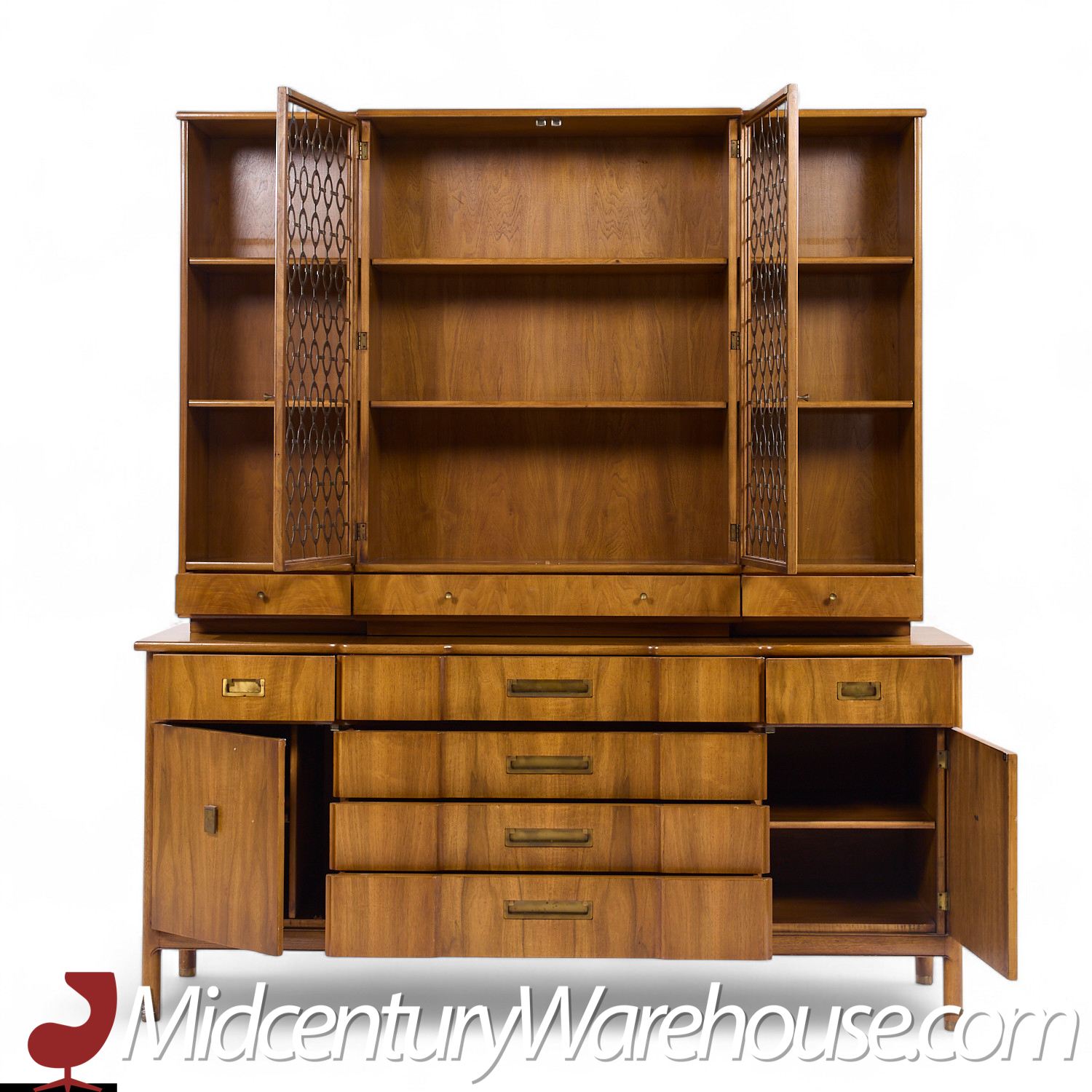 John Widdicomb Mid Century Walnut and Brass Credenza with Hutch
