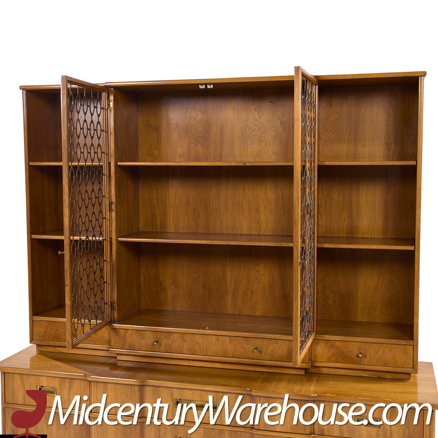 John Widdicomb Mid Century Walnut and Brass Credenza with Hutch