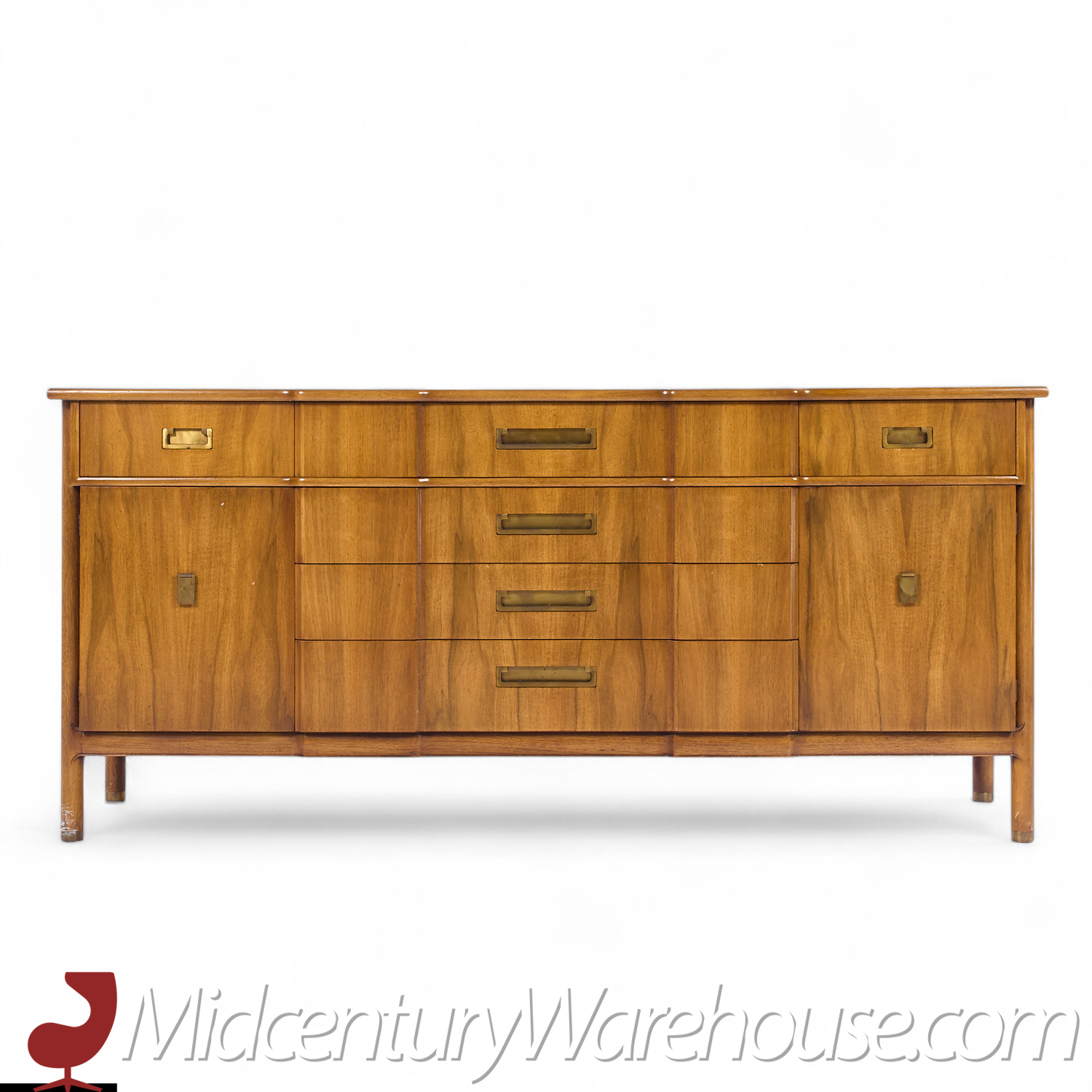 John Widdicomb Mid Century Walnut and Brass Credenza with Hutch