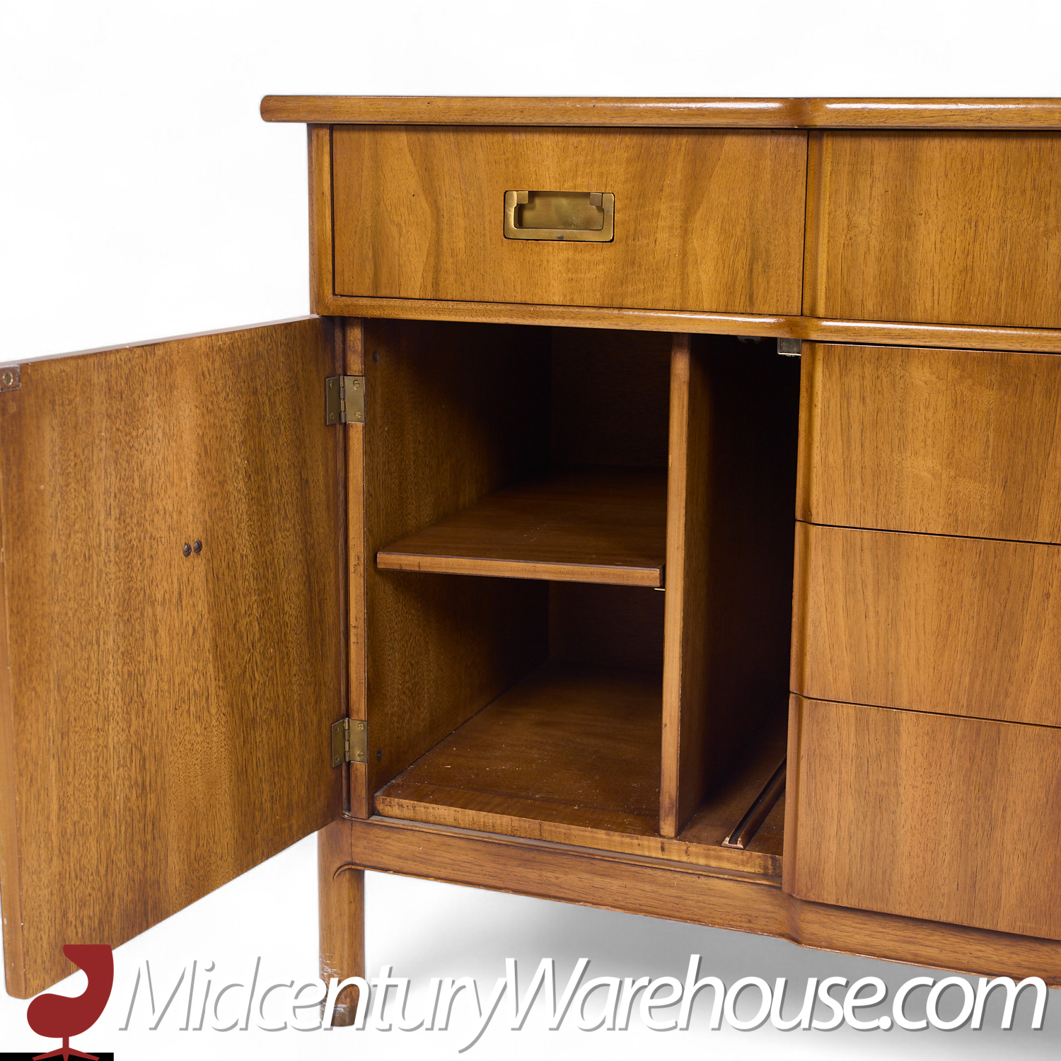 John Widdicomb Mid Century Walnut and Brass Credenza with Hutch