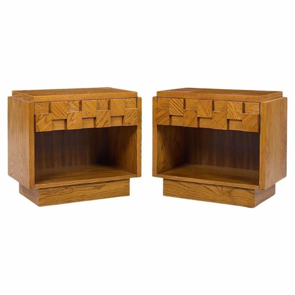 Lane Staccato Brutalist Mid Century Oak Nightstands - Pair
