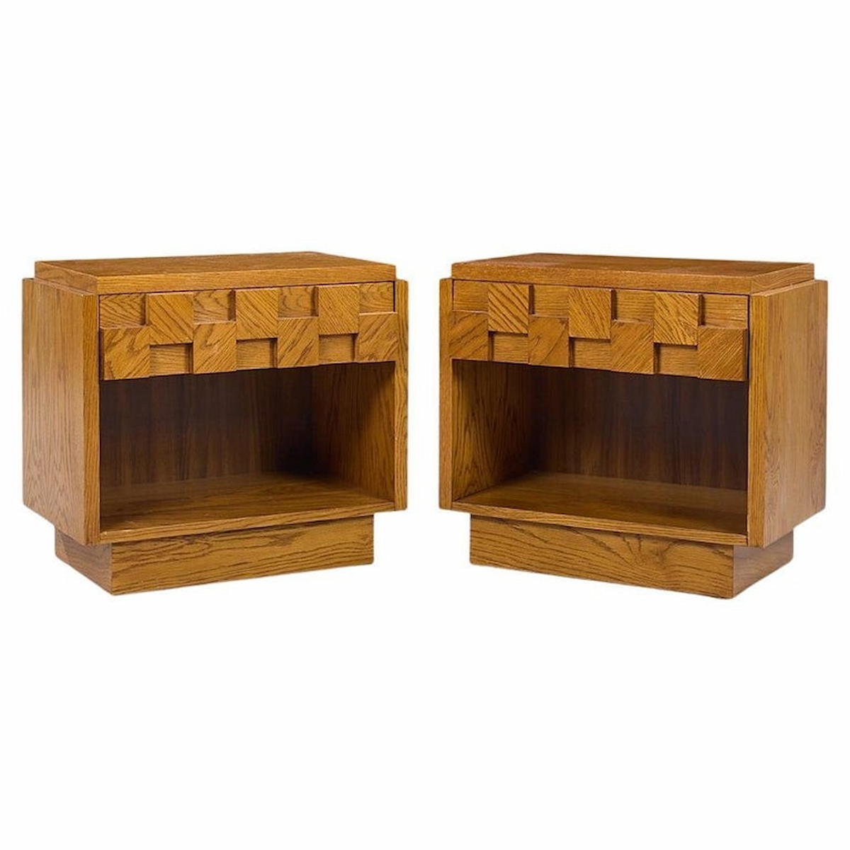 Lane Staccato Brutalist Mid Century Oak Nightstands - Pair