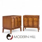 Thomasville Mid Century Arched Walnut and Burlwood Nightstands - Pair
