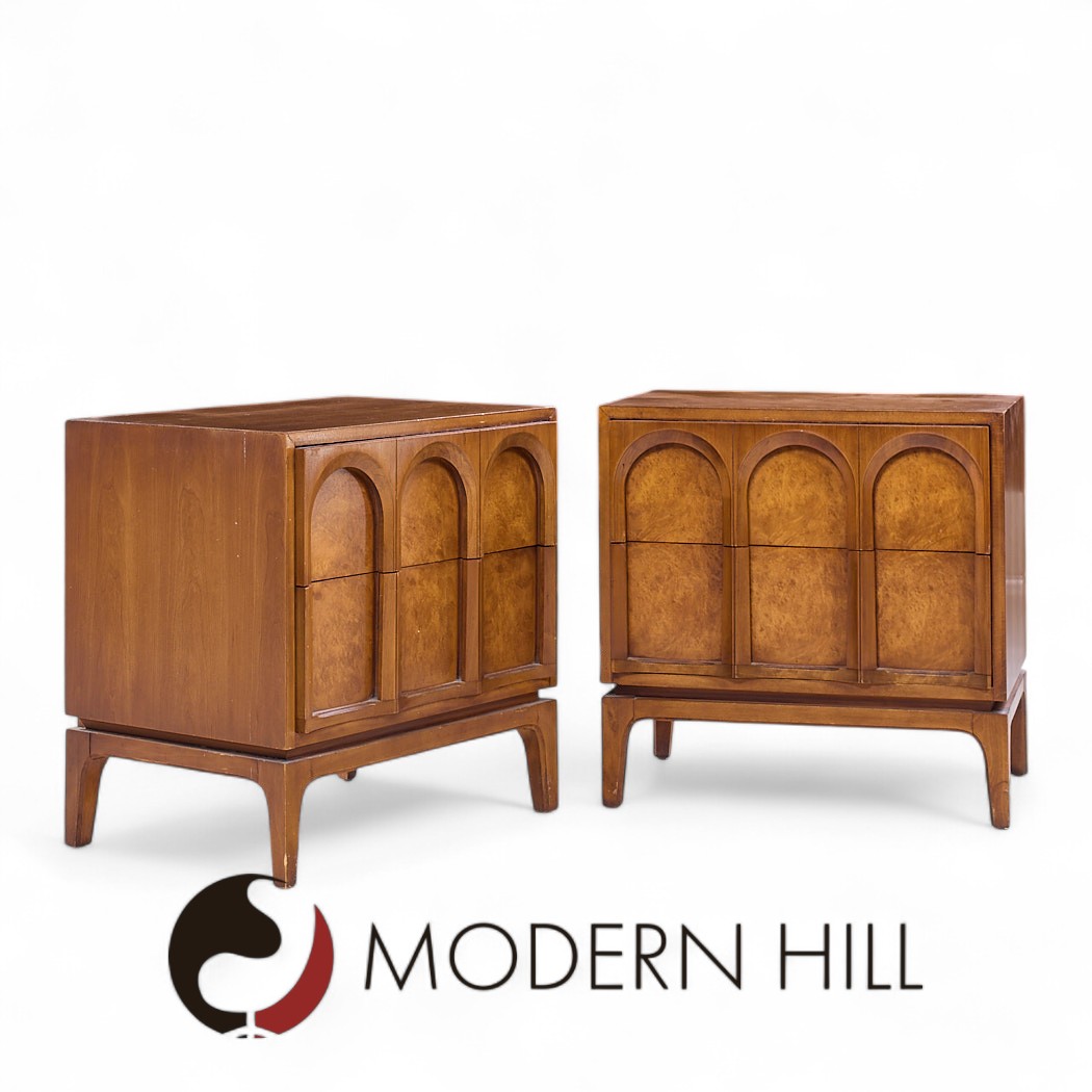 Thomasville Mid Century Arched Walnut and Burlwood Nightstands - Pair