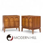 Thomasville Mid Century Arched Walnut and Burlwood Nightstands - Pair