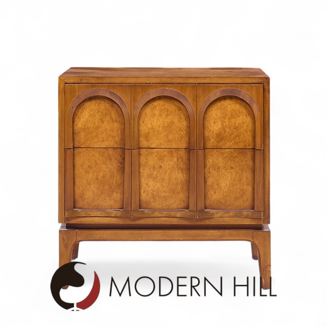 Thomasville Mid Century Arched Walnut and Burlwood Nightstands - Pair