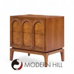 Thomasville Mid Century Arched Walnut and Burlwood Nightstands - Pair