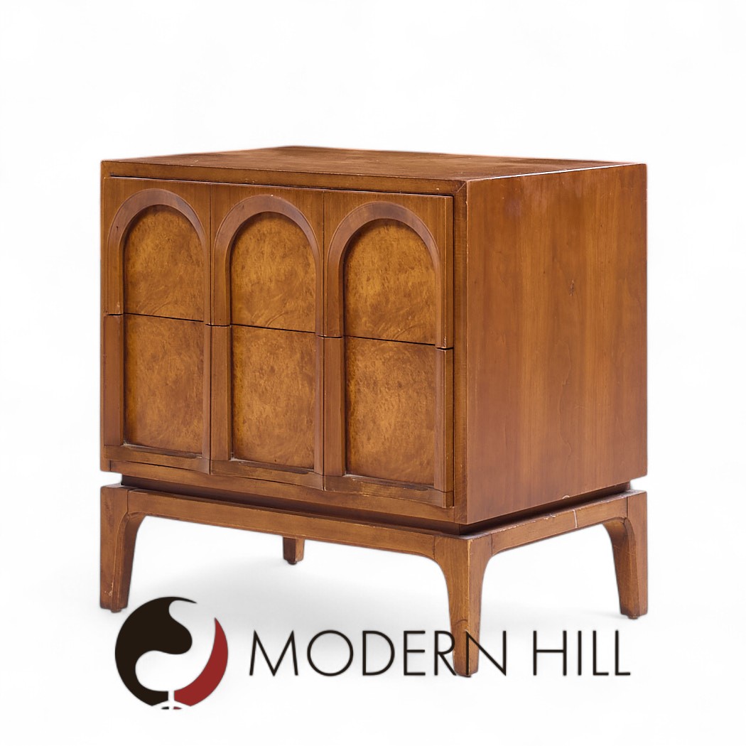 Thomasville Mid Century Arched Walnut and Burlwood Nightstands - Pair