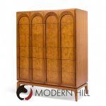 Thomasville Mid Century Sculptural Arched Walnut and Burlwood Highboy Dresser | Mid Century Modern Furniture - Mid Century Furniture Chicago Thomasville Mid Century Sculptural Arched Walnut and Burlwood Highboy Dresser