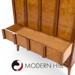 Thomasville Mid Century Sculptural Arched Walnut and Burlwood Highboy Dresser | Mid Century Modern Furniture - Mid Century Furniture Chicago Thomasville Mid Century Sculptural Arched Walnut and Burlwood Highboy Dresser